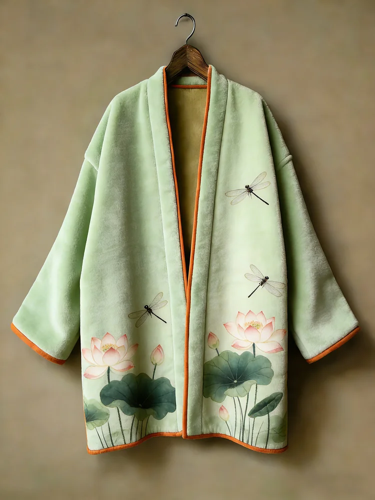 Oriental aesthetic printed flannel embroidered medium and long kimono cardigan