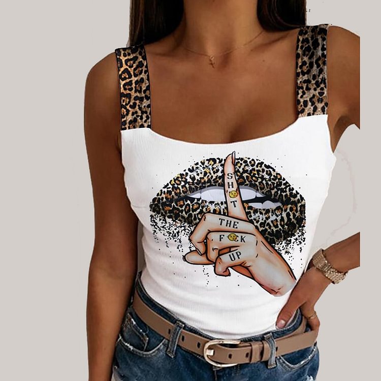 Women Leopard Lips Print Tank Tops Summer Sexy Vintage Solid Sleeveless Bustier Vest Tees Lady Party Club Streetwear Crop Tops - Shop Trendy Women's Fashion | TeeYours