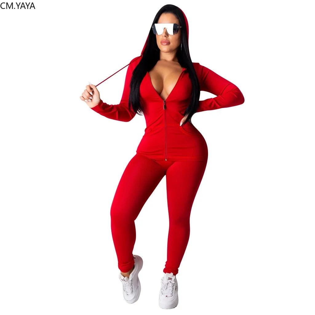 CM.YAYA Autumn Women Solid Zipper Up Long Sleeve Hooded Top Pencil Pants Suit Two Piece Set Casual Sporting Tracksuit Outfit