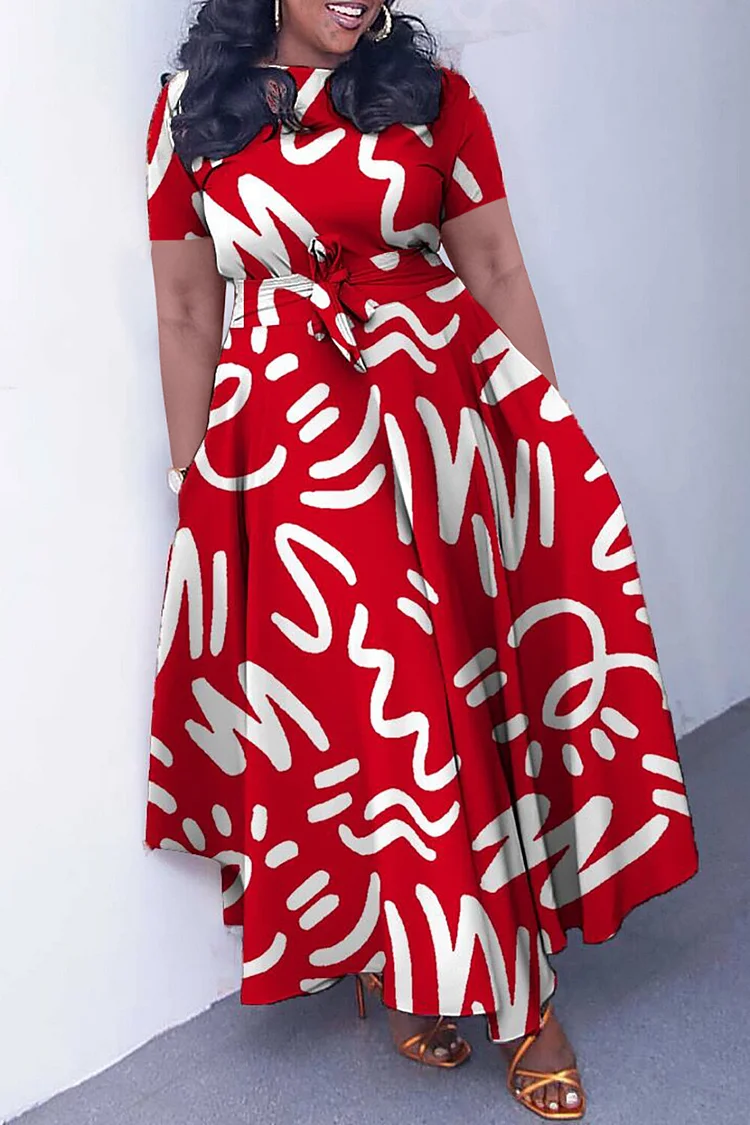 Round Neck Short Sleeve Doodle Print Tie Up A-Line Maxi Dresses-Red