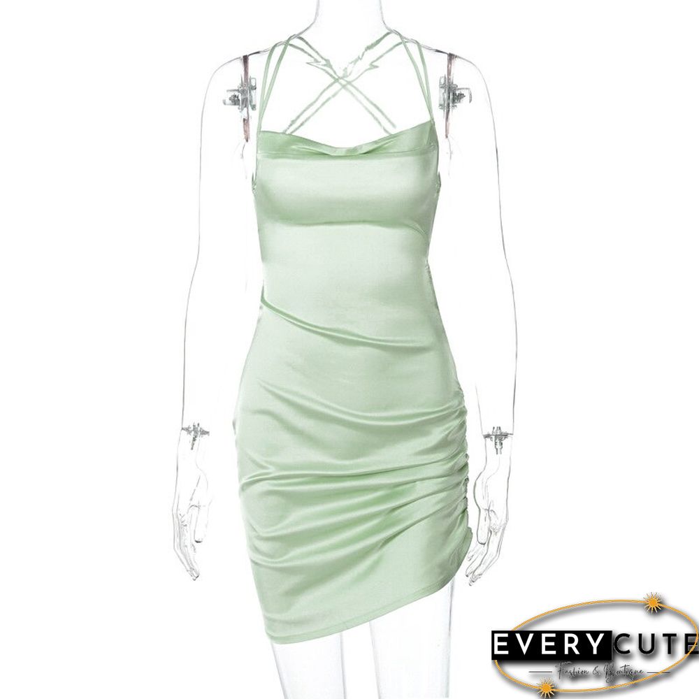 Women Strap Mini Dress Ruched Lace Up Cross Bandage Backless Bodycon Sexy Party Elegant Club Christmas Slim