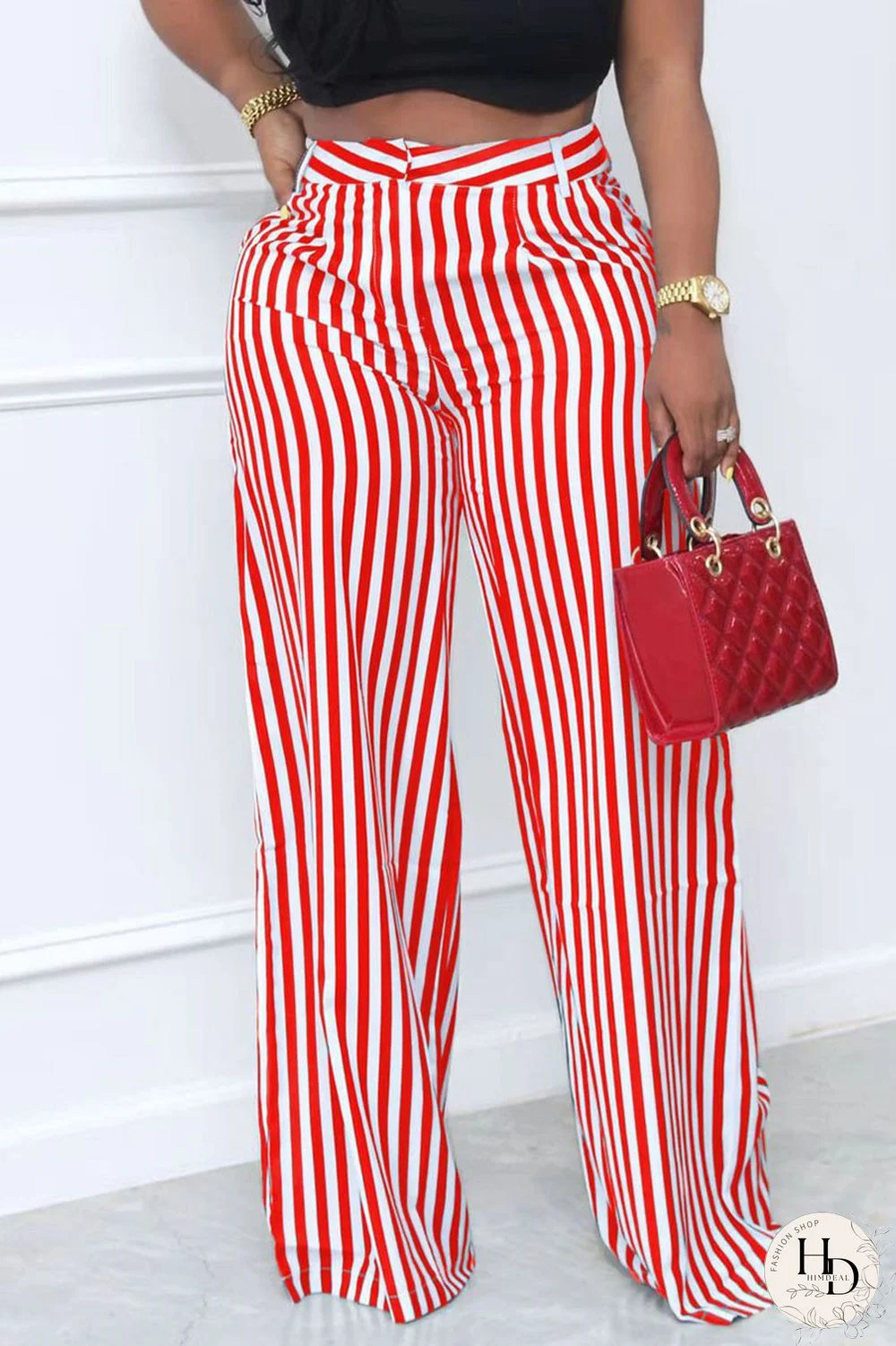 Red Casual Striped Print Patchwork Straight High Waist Wide Leg Full Print Bottoms