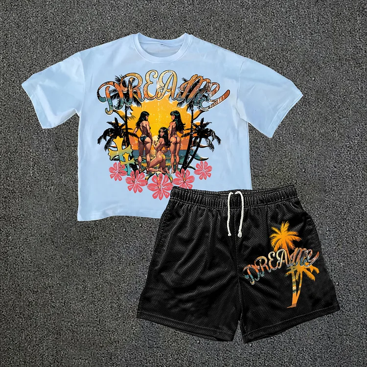 Street Resort Style Casual Sand Beauty Print Y2K Trendy Brand Short Sleeve Tee & Shorts Two Piece Set