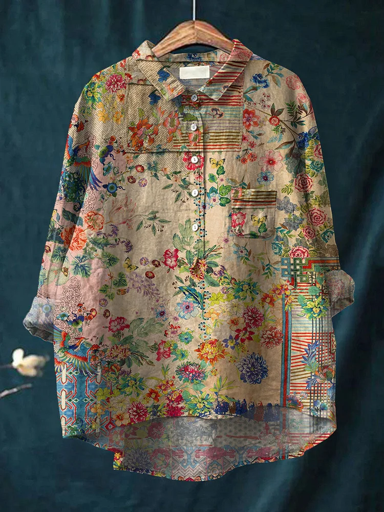 Women's Retro Flower Art Print Casual Cotton And Linen Shirt