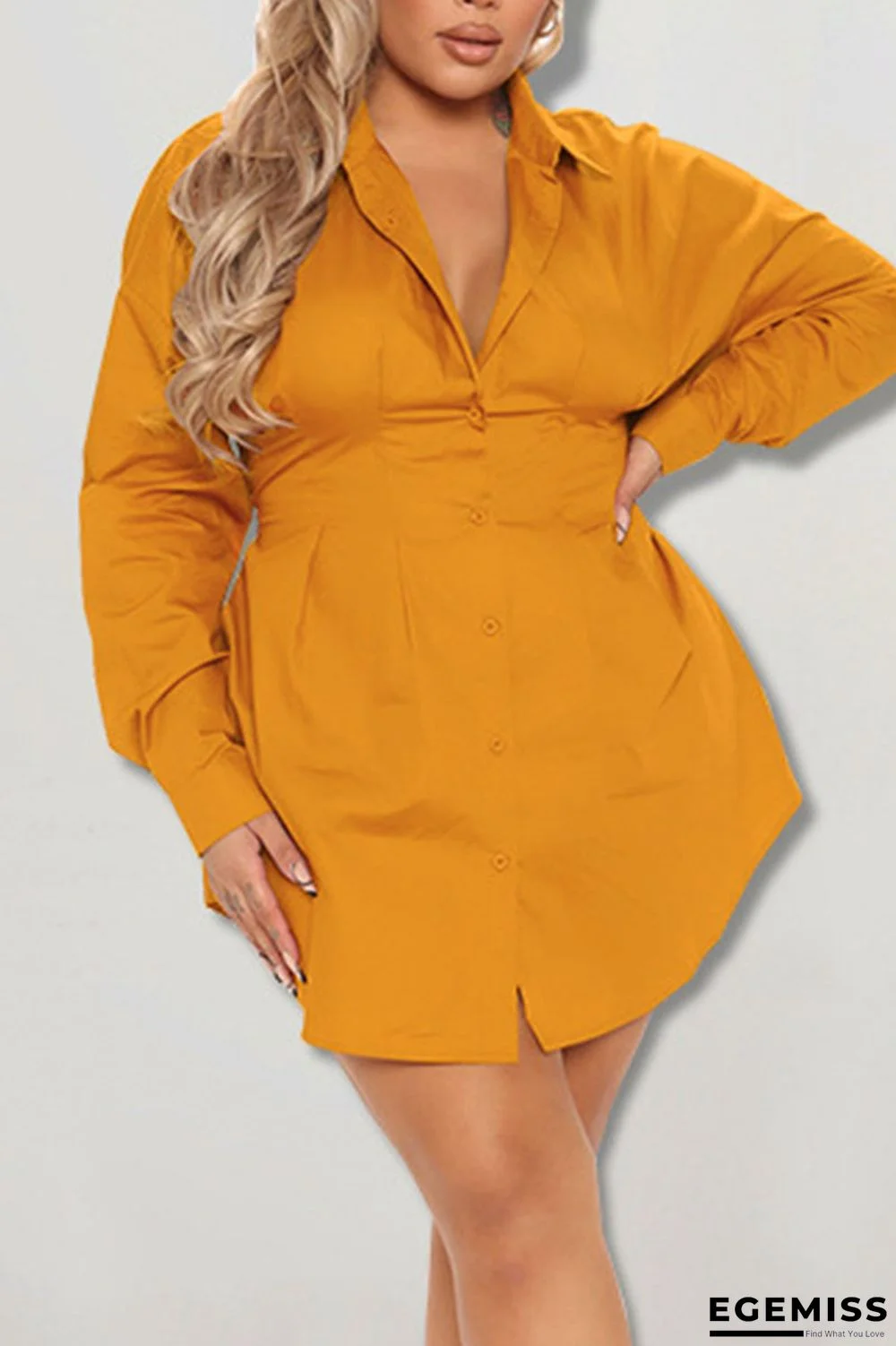 Tangerine Red Casual Solid Patchwork Buckle Turndown Collar Shirt Dress Plus Size Dresses | EGEMISS