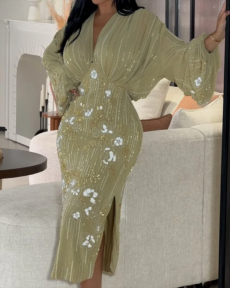 Women's V-neck long-sleeved slit sequined Dress