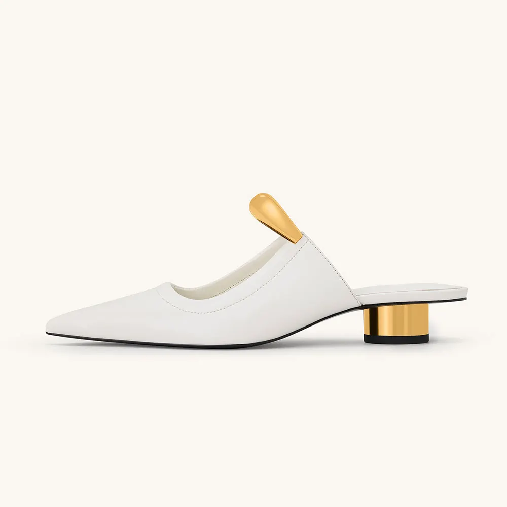Fashion White Pointed Toe Metal Strap Mule Shoes with Cylinder Heel