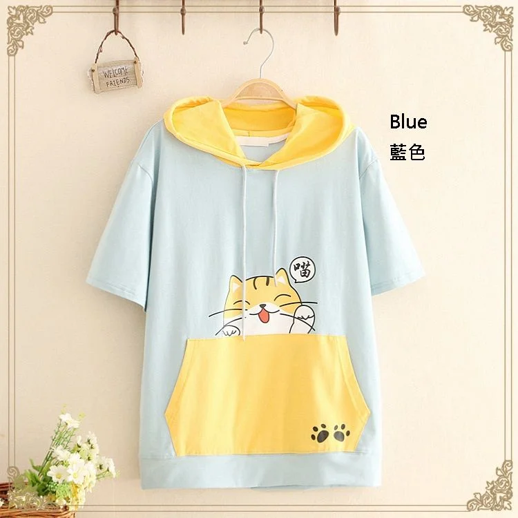 Kawaii Color-Block Cat Print Hooded Short-Sleeve Top YP756