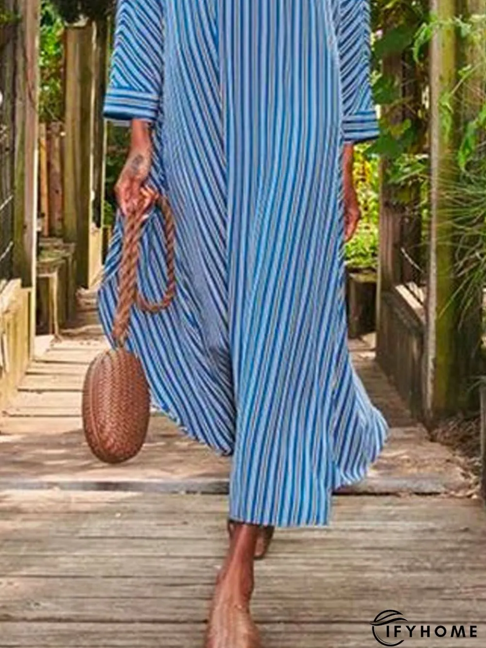 Floral-Print Long Sleeve Holiday Stripes Weaving Dress | IFYHOME