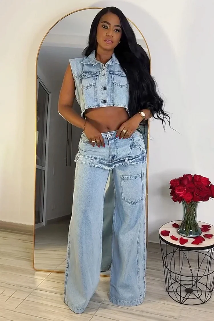 Sleeveless Crop Blouse Wide Leg Pants Washed Denim 2pcs Set-Blue [Pre Order]