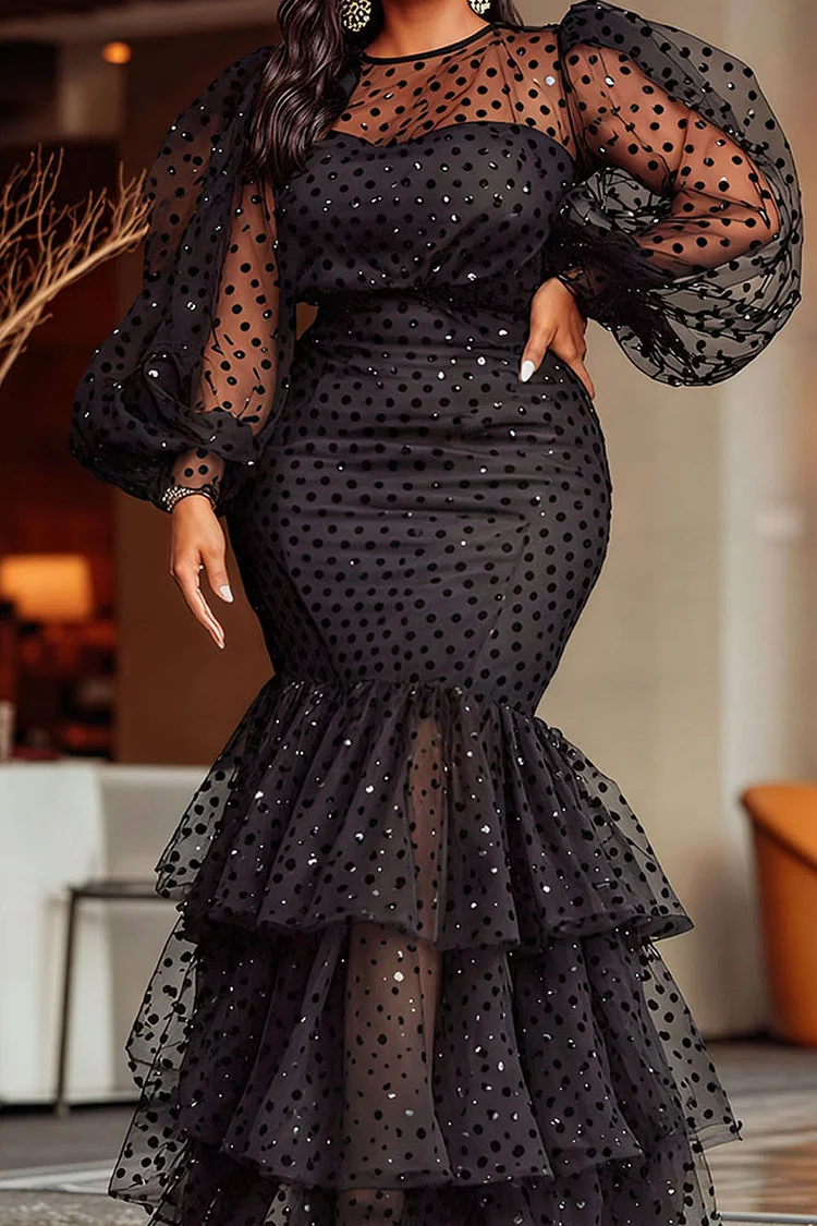 Xpluswear Design Plus Size Formal Black Round Neck Lantern Sleeve Long Sleeve Mermaid Vintage See Through Tulle Maxi Dresses [Pre-Order]