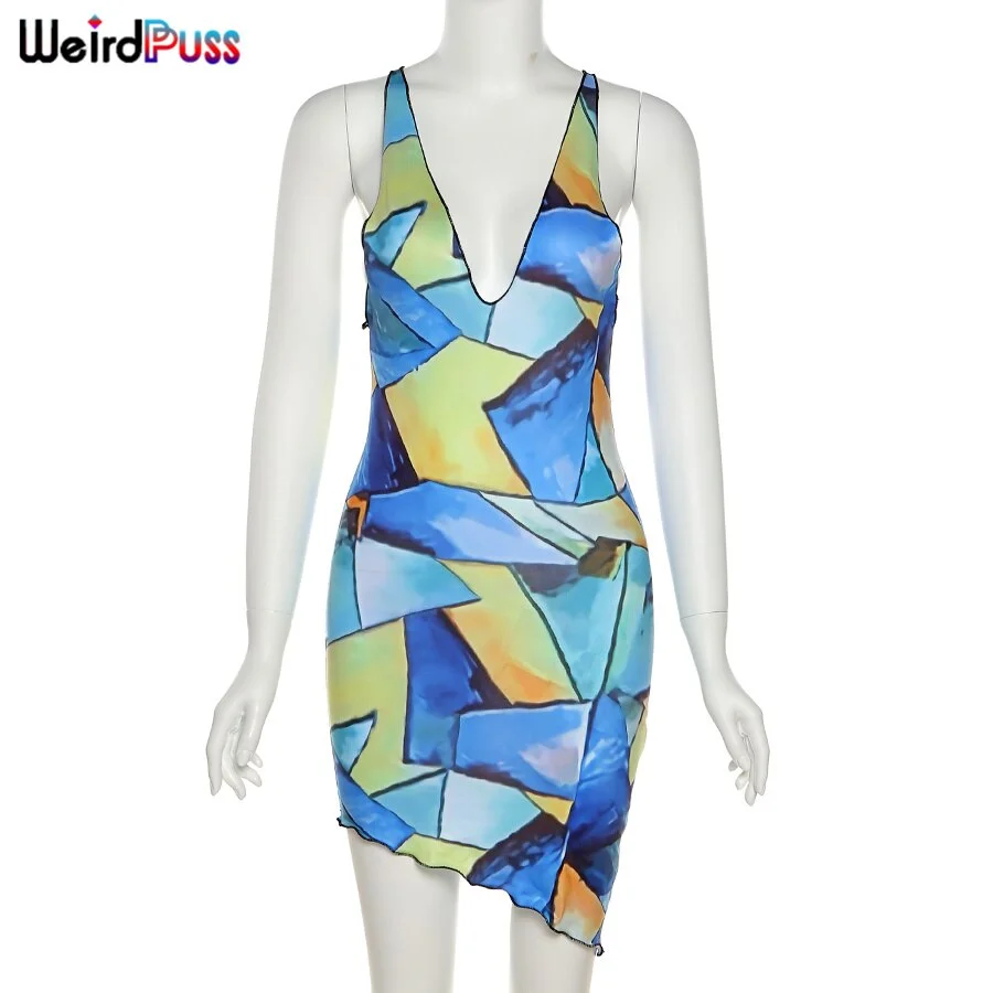 Weird Puss Colorful Print Summer Party Dress Women Sleeveless Deep V Skinny Bodycon Stretchy Sexy Clubwear Asymmetry Outfits