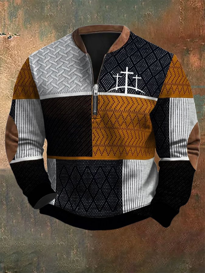 Men's Western Textured Faith Cross Print Zip Neck Sweatshirt