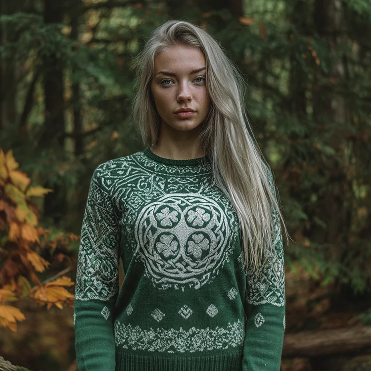 St. Patrick's Day Shamrock Retro Pattern Women's Round Neck Sweater