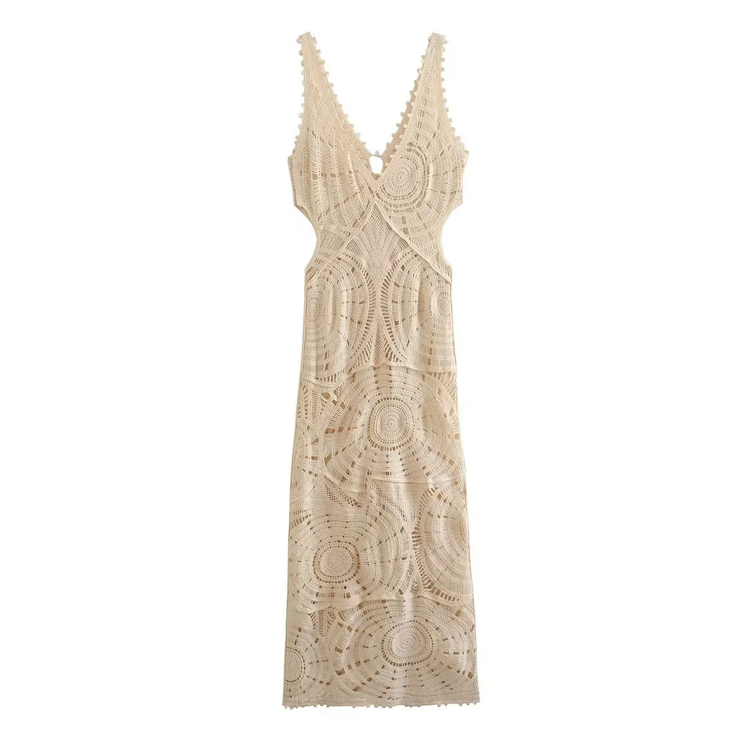 Zingj Beach Dress Female Knit Hollow Out V Collar Low Chest Slim Sexy Medium Long Dress Woman