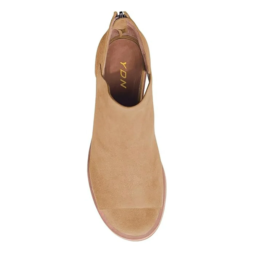 Khaki Low Block Heel Cut-Out Open Toe Ankle Boots with Back Zipper