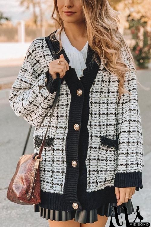 MidiSono - Pockets Button Plaid Cardigan