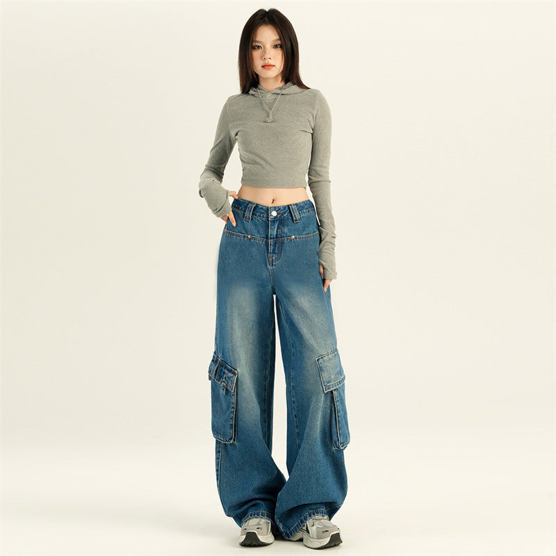 Aiertu fashion outfits American-Style Retro Wide-Leg Workwear Jeans Women's Autumn Slimming Hot Girl Straight Mop Pants aiertu