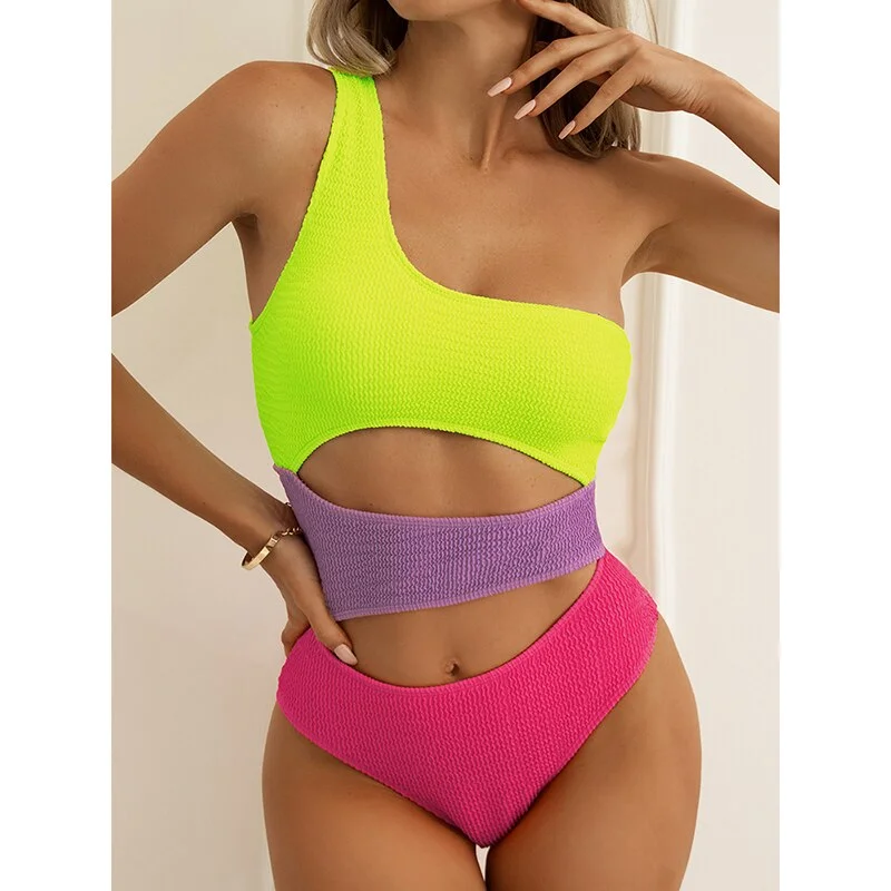 INGAGA Cut Out Sexy One Piece Swimsuits One Shoulder Swimwear Women Ribbed Monokini Solid Bodysuits Women High Cut Bathing Suits