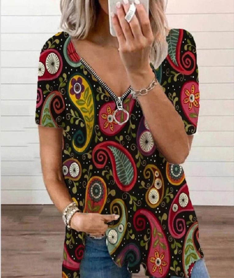 Summer New Sexy V Neck Zipper Short Sleeved Printed T Shirt