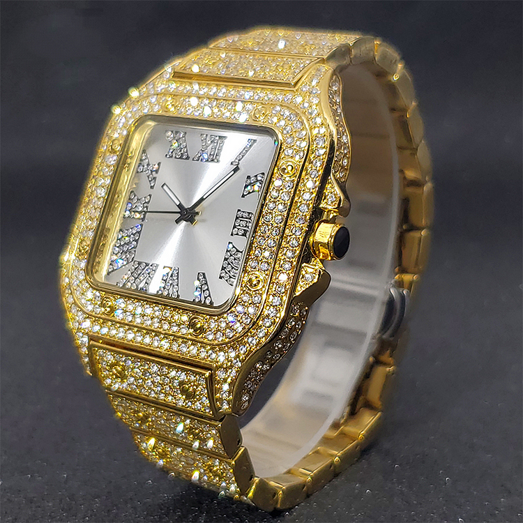 Hiphop Rectangle Watches Men Luxury Fully Iced Out Watches Platinum Diamond Classic Male Watch-VESSFUL