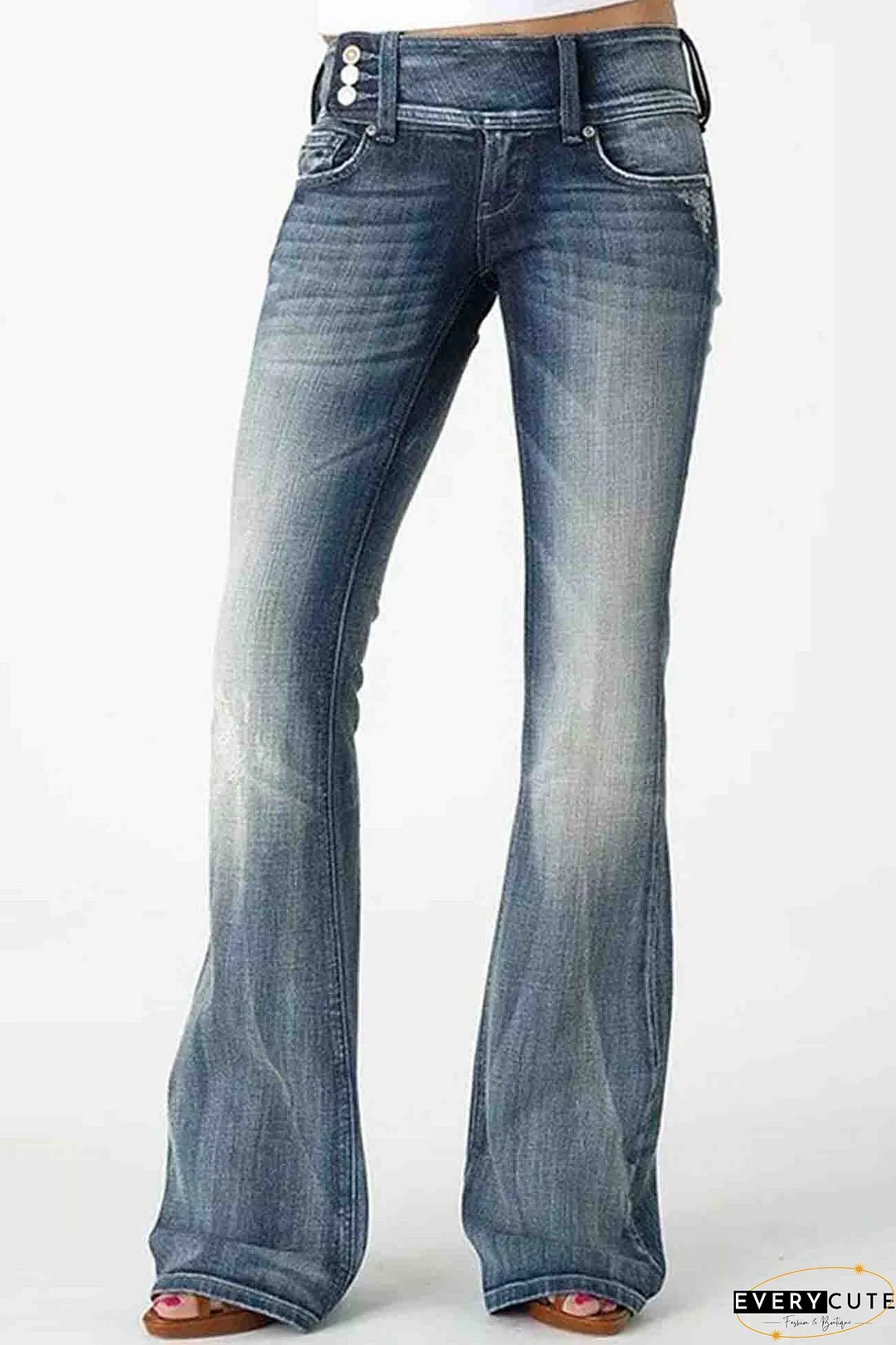 Retro Side Button Mid Rise Flares Jeans