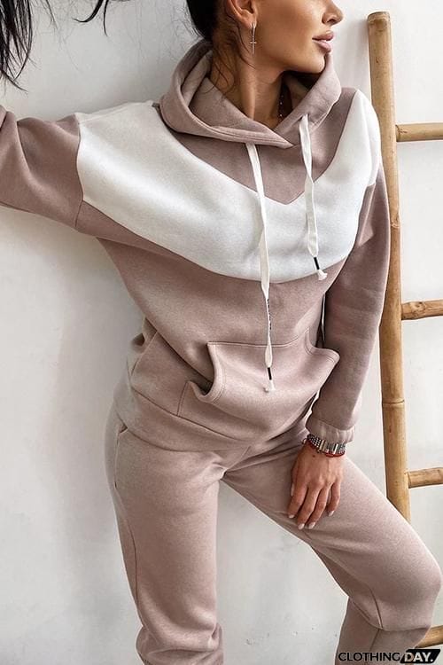 Colorblock Pocket Drawstring Hoodie & Pants Set