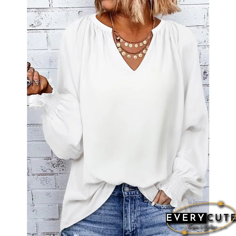 White Pleated Cuffs V Neck Long Sleeve Top