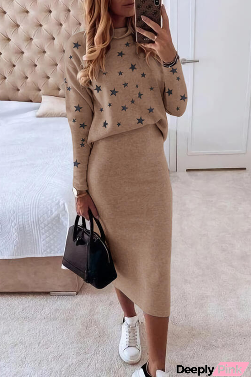 Casual The stars Patchwork O Neck Long Sleeve Two Pieces(7 Colors)