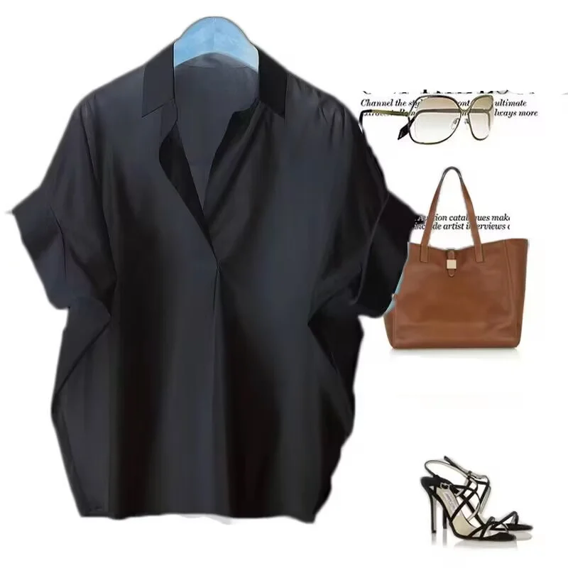 Uveng Uveng Hong Kong-Style Short-Sleeved Shirt Women's Summer New Ocean With White Shirt Loose Bat Sleeve Collar Top