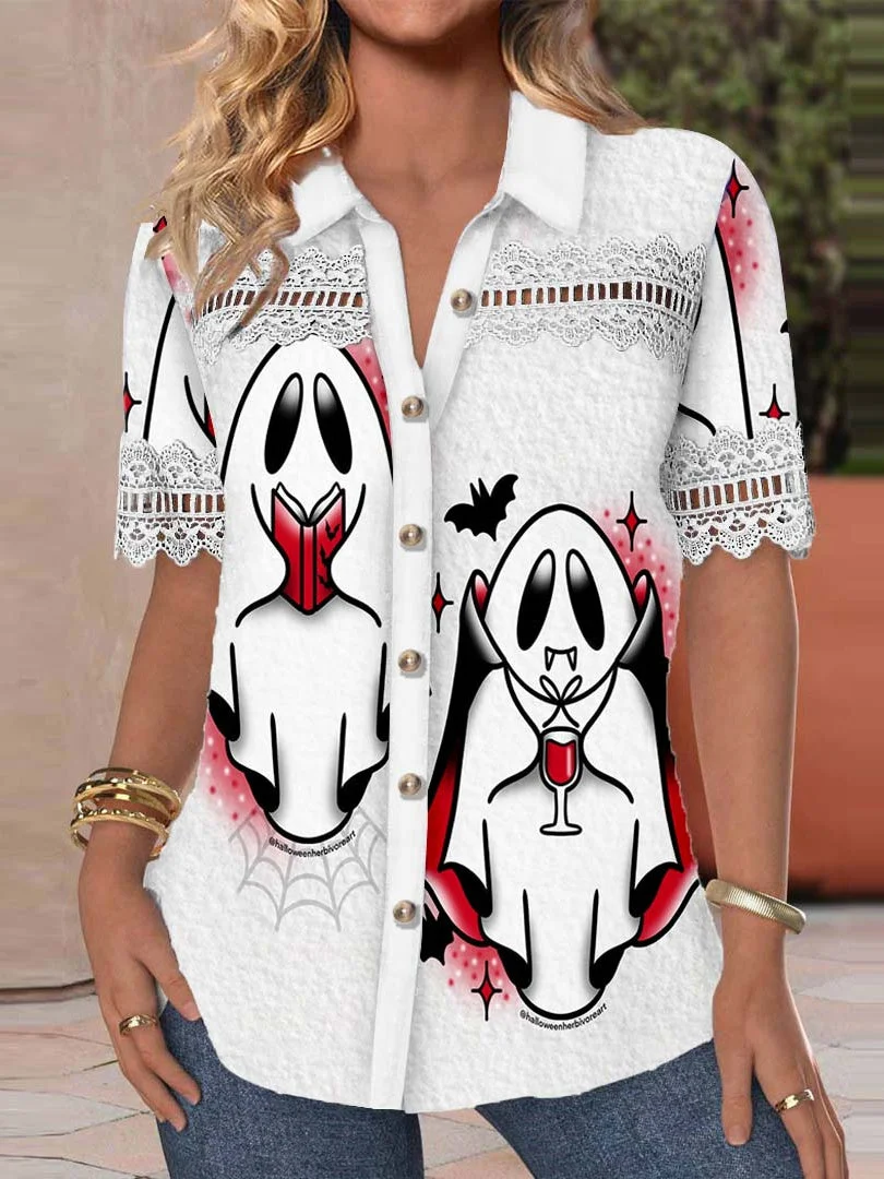 Women Short Sleeve V-neck Skull Printed Graphic Lace Hollow Stitching Button Tops