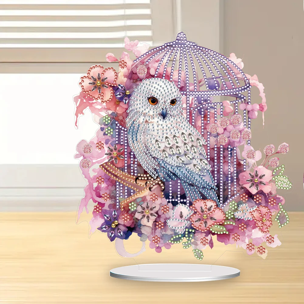 DIY Owl Cage Acrylic Single-Sided Diamond Painting Tabletop Ornament Kit for Office Desktop Decor(20*25cm)