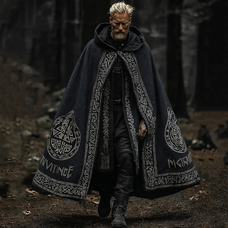 Men's Retro Viking Print Long Hooded Cloak