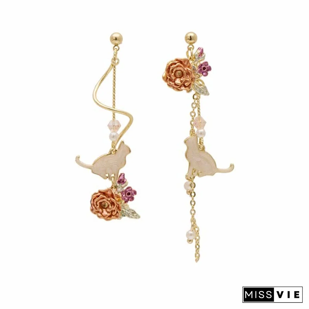 Asymmetrical Cat Blossom 925 Sterling Silver Stud Earrings Ear Clip
