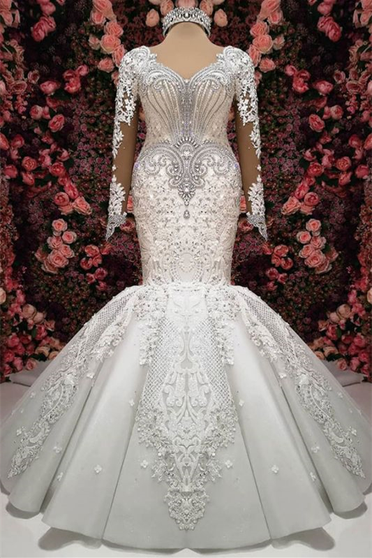 Bellasprom Long Sleeves Mermaid Wedding Dress Lace Appliques With Beadings Sweetheart Bellasprom