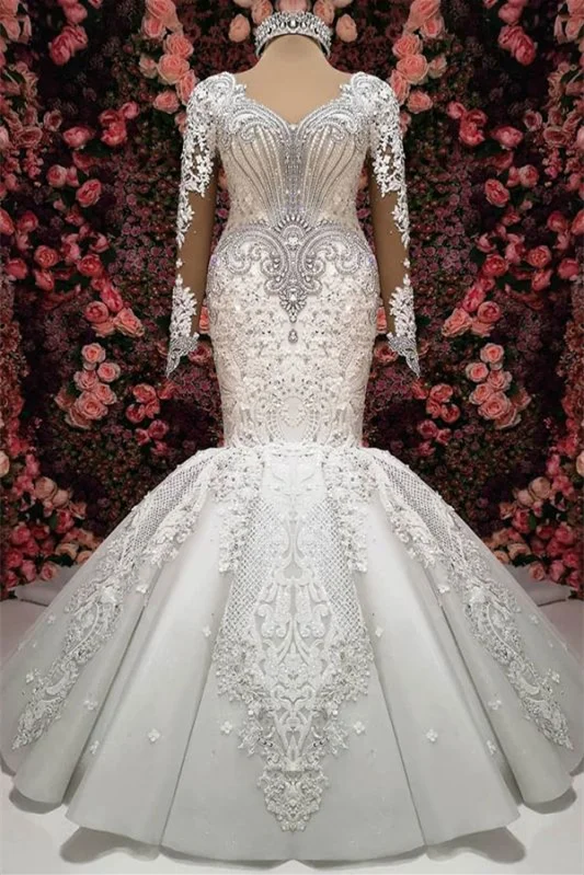Elegant Sweetheart Long Sleeves Lace Appliques Mermaid Wedding Dress With Beadings PD0935