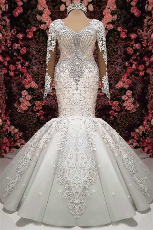 Elegant Sweetheart Long Sleeves Lace Appliques Mermaid Wedding Dress With Beadings PD0935 - AZAZEI