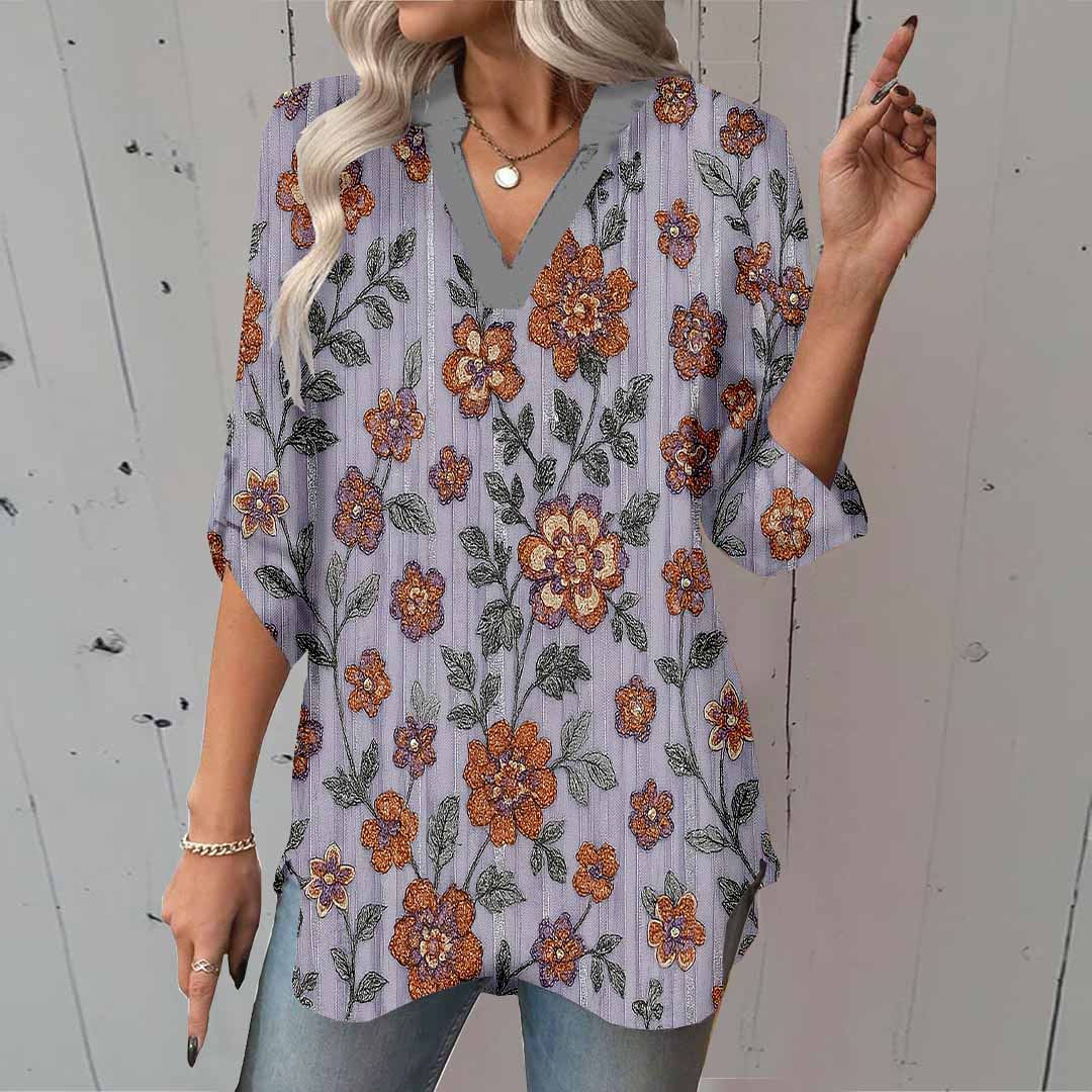 Women Floral, Purple, Orange DZGA0194 3/4 Sleeve V-neck Printed Graphic Button Tops