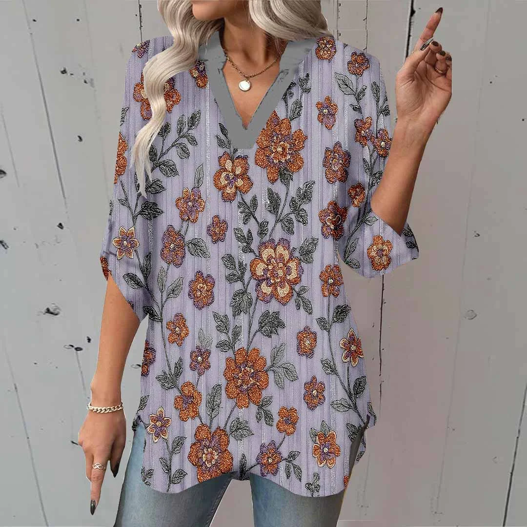 Women Floral, Purple, Orange DZGA0194 3/4 Sleeve V-neck Printed Graphic Button Tops