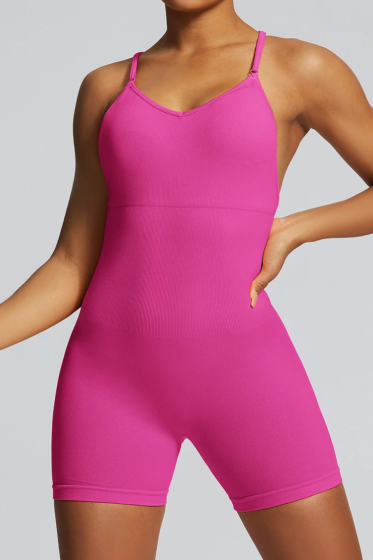 V Neck Solid Color Slim Fit Open Back Sporty Cami Playsuit Romper-Fuchsia