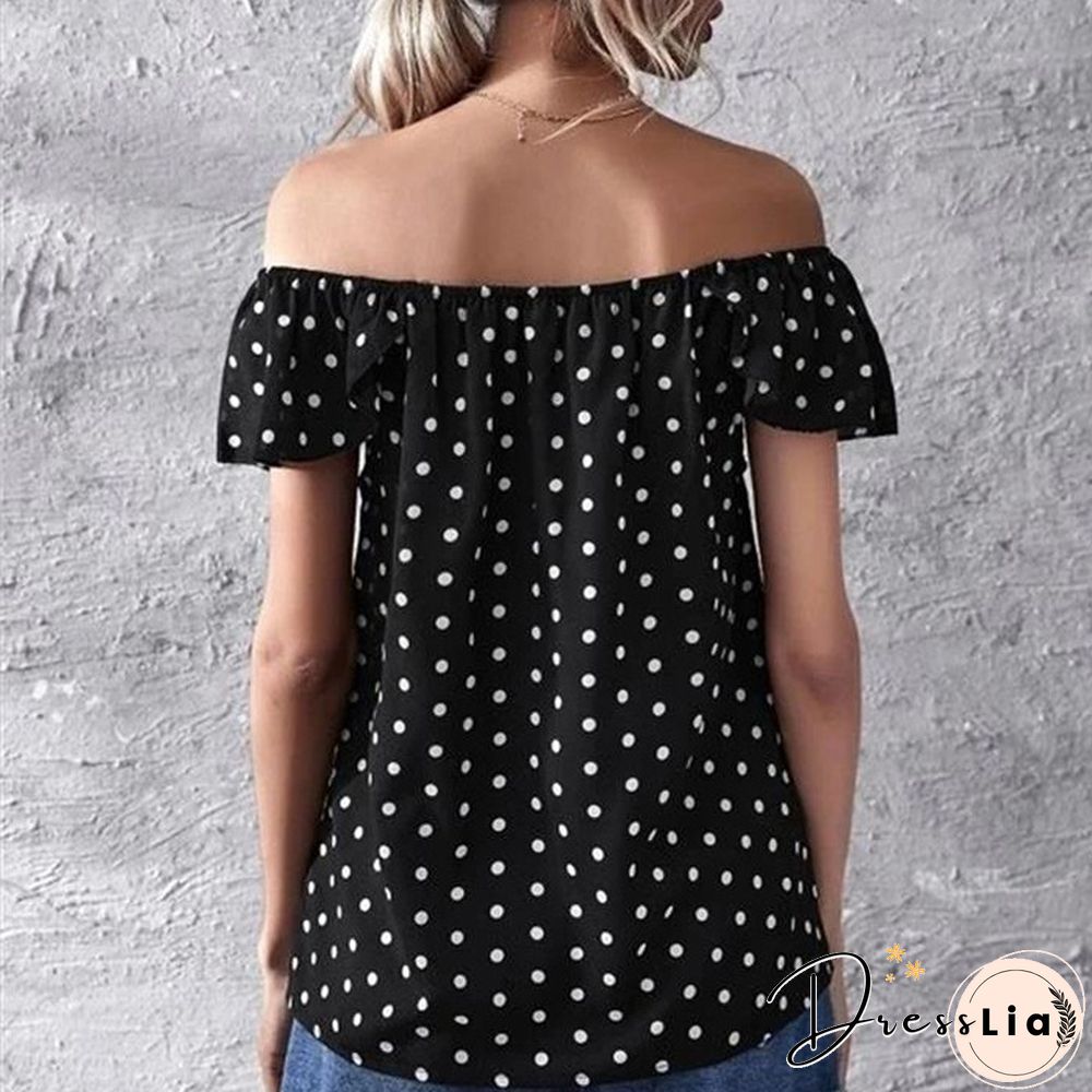 Summer Fashion Casual Print Dot Blouse Women Off Shoulder Short Sleeve Blue Tees Black Mujer Tops Lady Shirts Blouses New