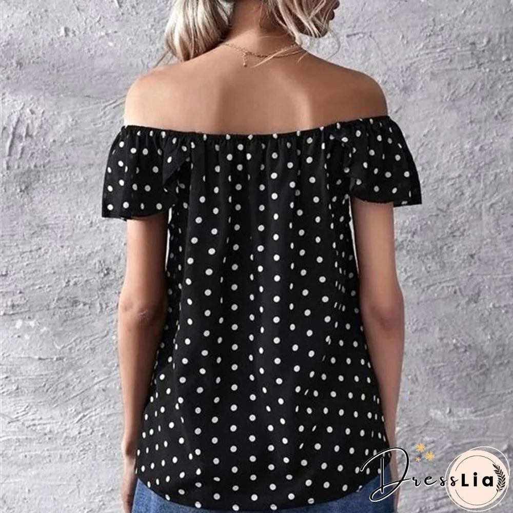 Summer Fashion Casual Print Dot Blouse Women Off Shoulder Short Sleeve Blue Tees Black Mujer Tops Lady Shirts Blouses New