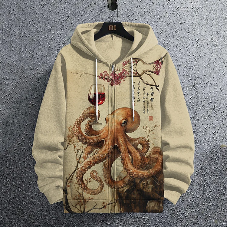 Men's Japanese Octopus And Red Wine Ink Art Zipper Hooded Sweatshirt