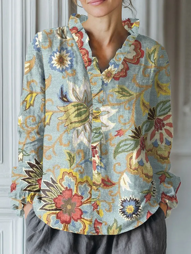 Women's Vintage Flower Art Print Casual Cotton And Linen Ruffle Shirt