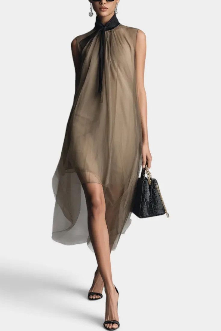 Asymmetric Hem Dress with Neck Bow Accent
