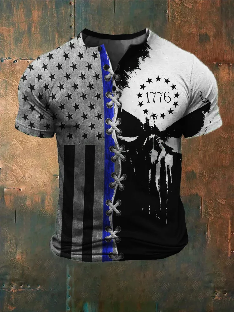 Men's Patriot 1776 American Flag Skull Contrast Henley Shirt