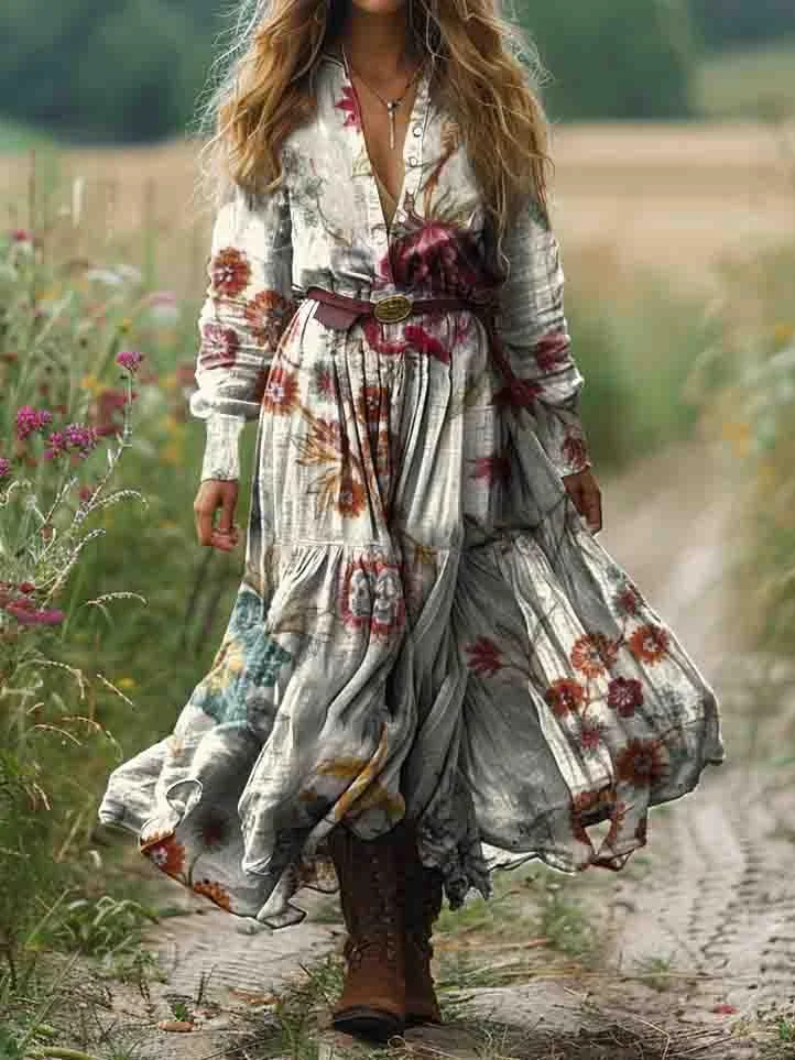 Women's Ethnic Floral Art Print Pocket Cotton Dress