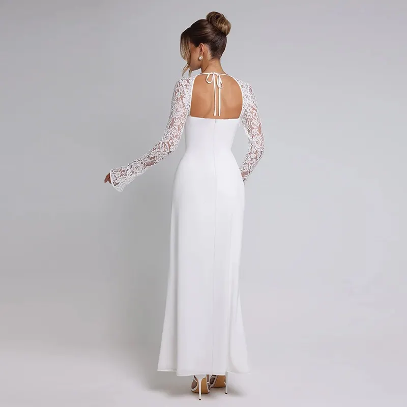 Solid Off Shoulder Lace Long Sleeve Tie Bust High Slit High Waist Bodycon Maxi Dress