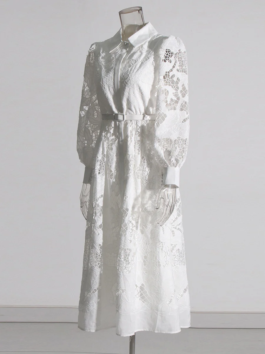 Uaang Vintage Wind 2025 Summer New Clip Long Lantern Sleeves Medium Embroidery Empty Solid Color Dress Woman