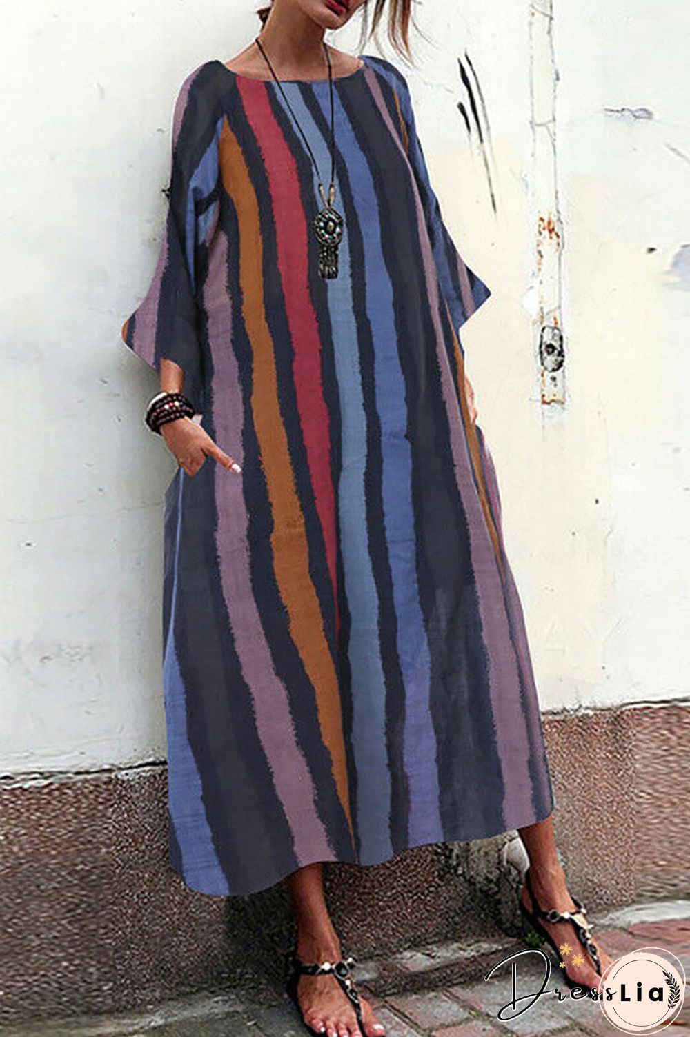 Vintage Striped Pockets Maxi Dress